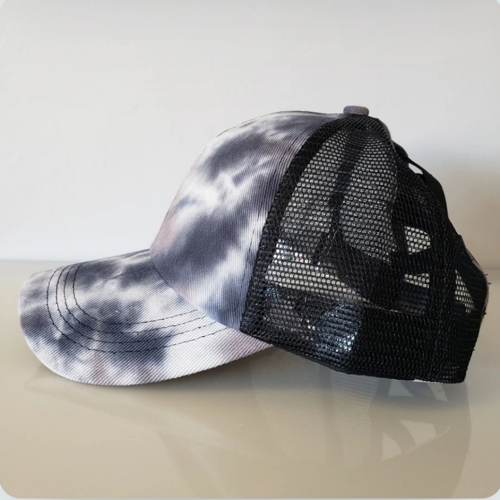 Tie Dye Ponytail Baseball Hat NWOT Grey, Black, White, Mesh Back Trucker C…